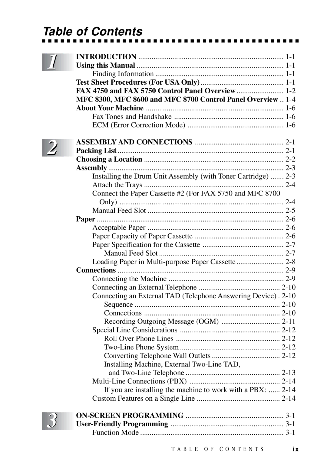 Brother MFC 8300, MFC 8600, MFC 8700, FAX 5750 manual Table of Contents 