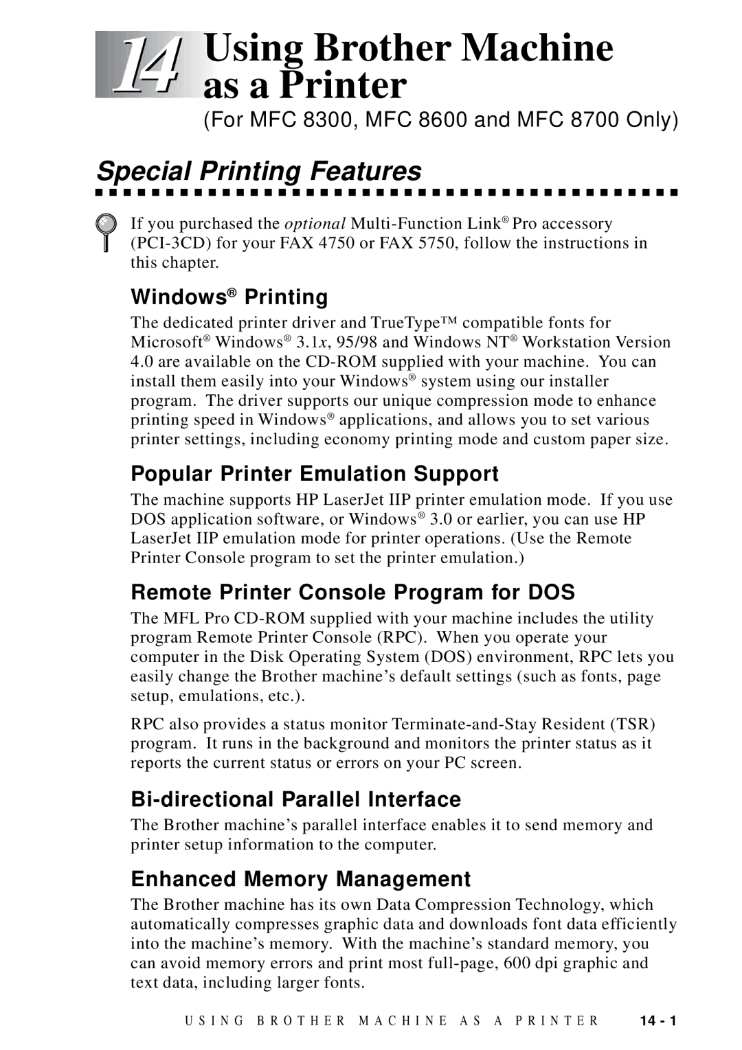 Brother MFC 8300, MFC 8600, MFC 8700, FAX 5750 manual Using Brother Machine as a Printer, Special Printing Features 