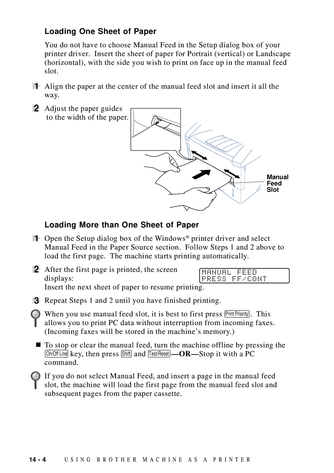 Brother FAX 5750, MFC 8600, MFC 8700 Loading One Sheet of Paper, Loading More than One Sheet of Paper, Feed, Press FF/CONT 