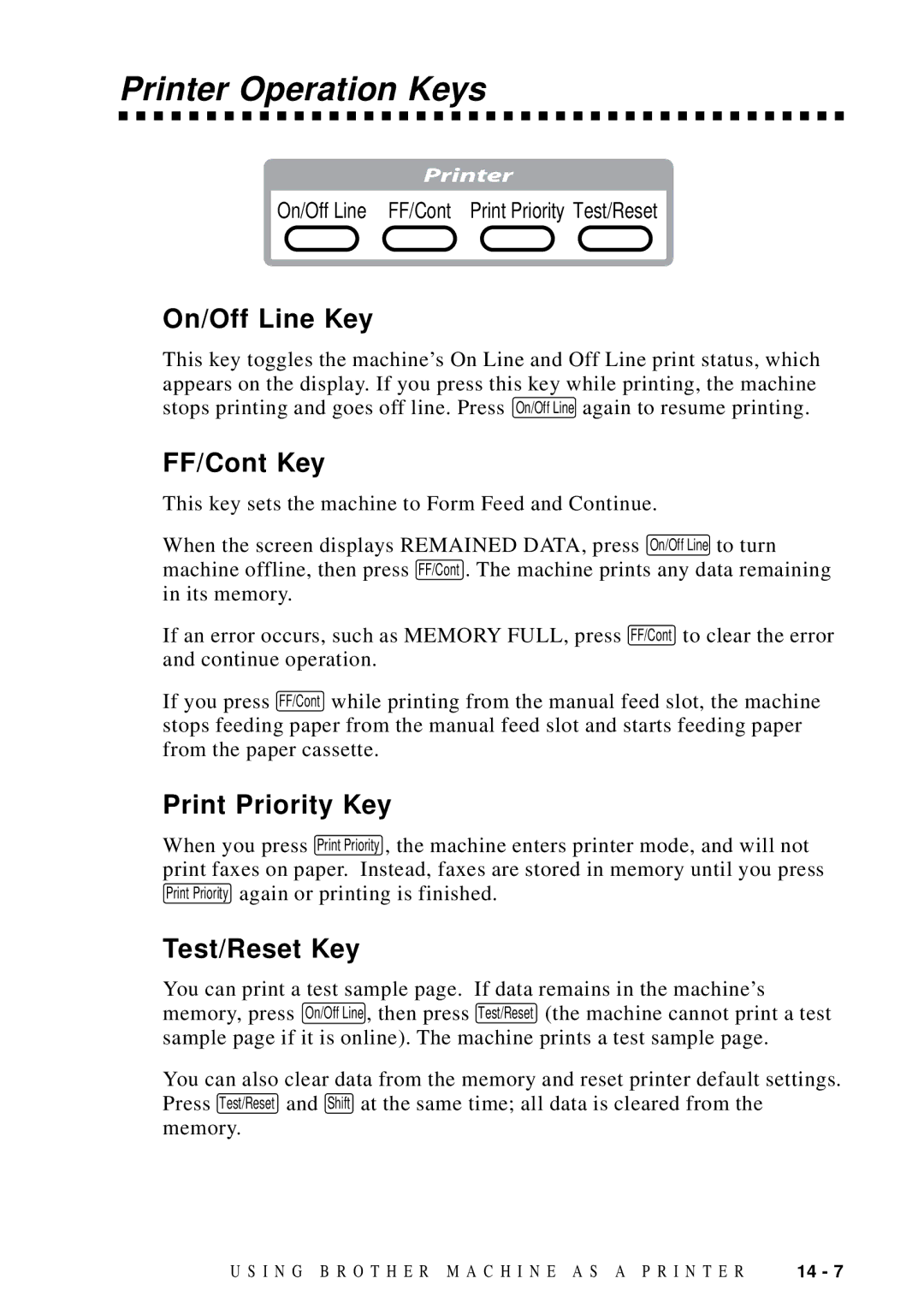 Brother MFC 8700, MFC 8600 manual Printer Operation Keys, On/Off Line Key, FF/Cont Key, Print Priority Key, Test/Reset Key 