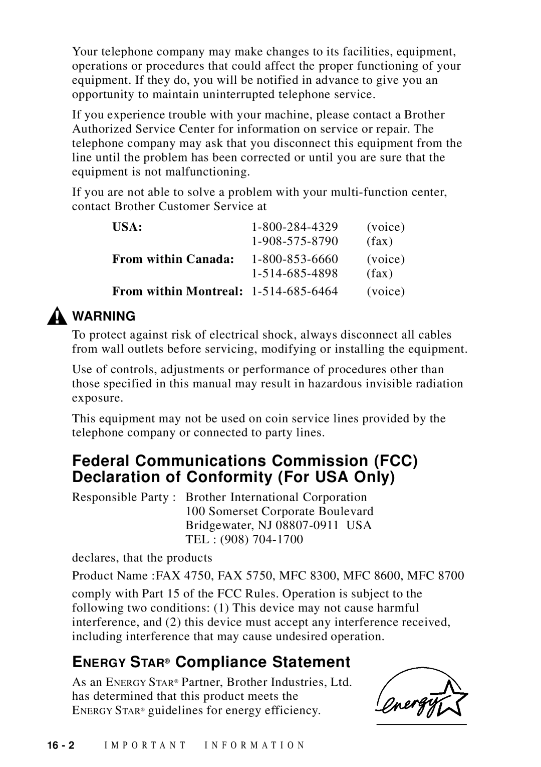 Brother FAX 5750, MFC 8600, MFC 8700, MFC 8300 manual Energy Star Compliance Statement, From within Canada 