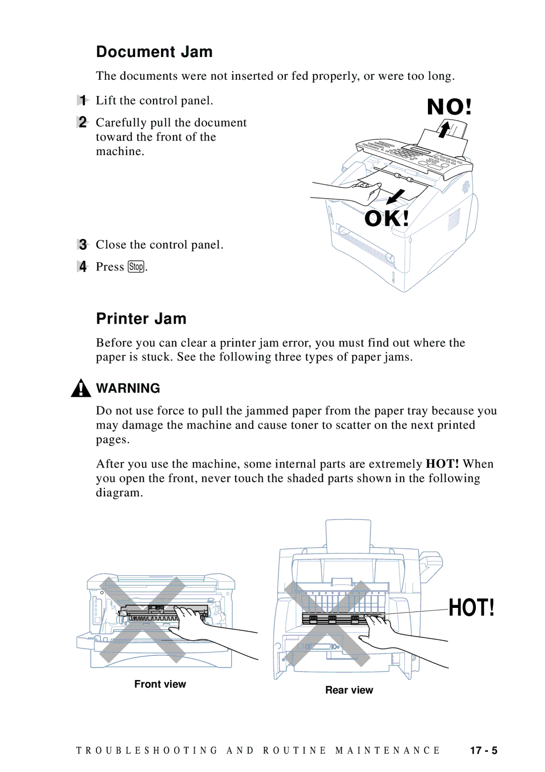 Brother MFC 8300, MFC 8600, MFC 8700, FAX 5750 manual Document Jam, Printer Jam 