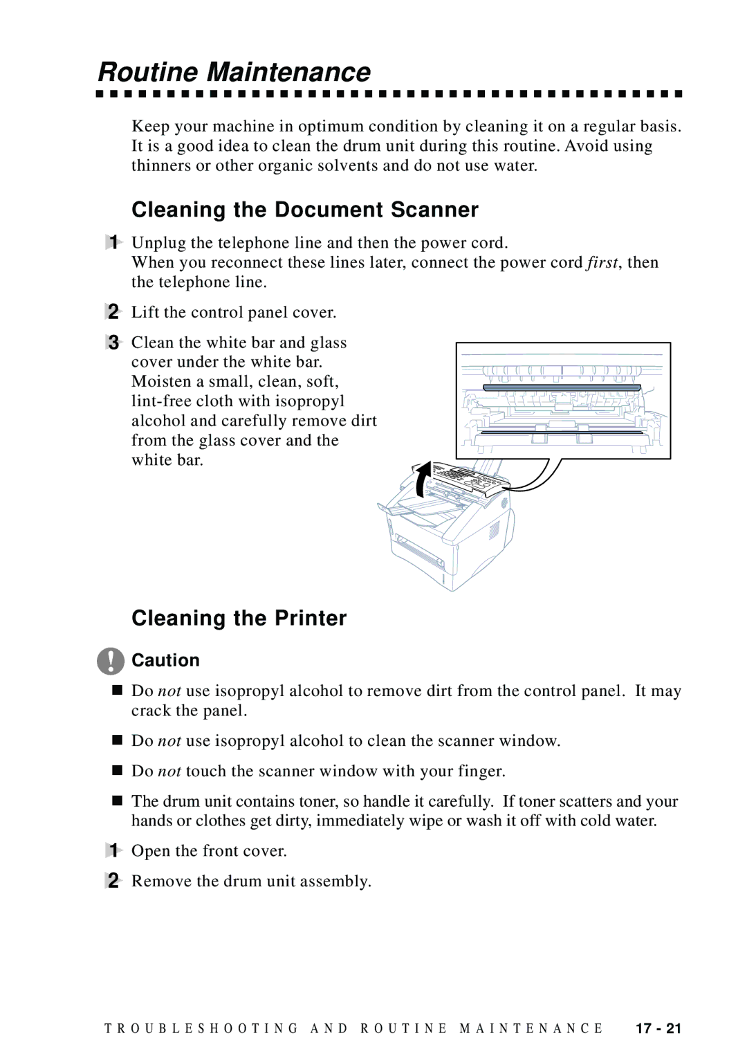 Brother MFC 8300, MFC 8600, MFC 8700, FAX 5750 manual Routine Maintenance, Cleaning the Document Scanner, Cleaning the Printer 