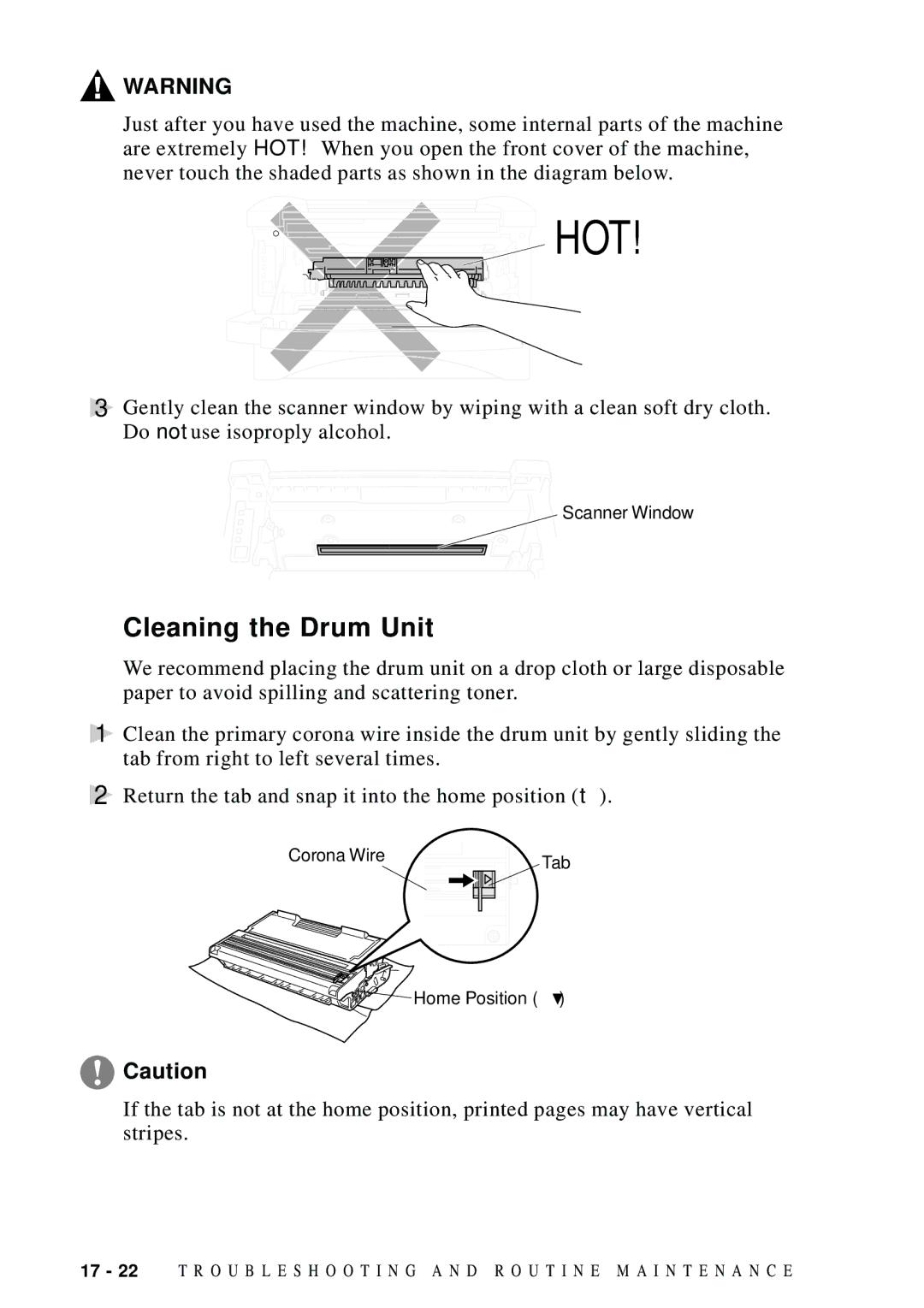 Brother MFC 8600, MFC 8700, FAX 5750, MFC 8300 manual Hot, Cleaning the Drum Unit 