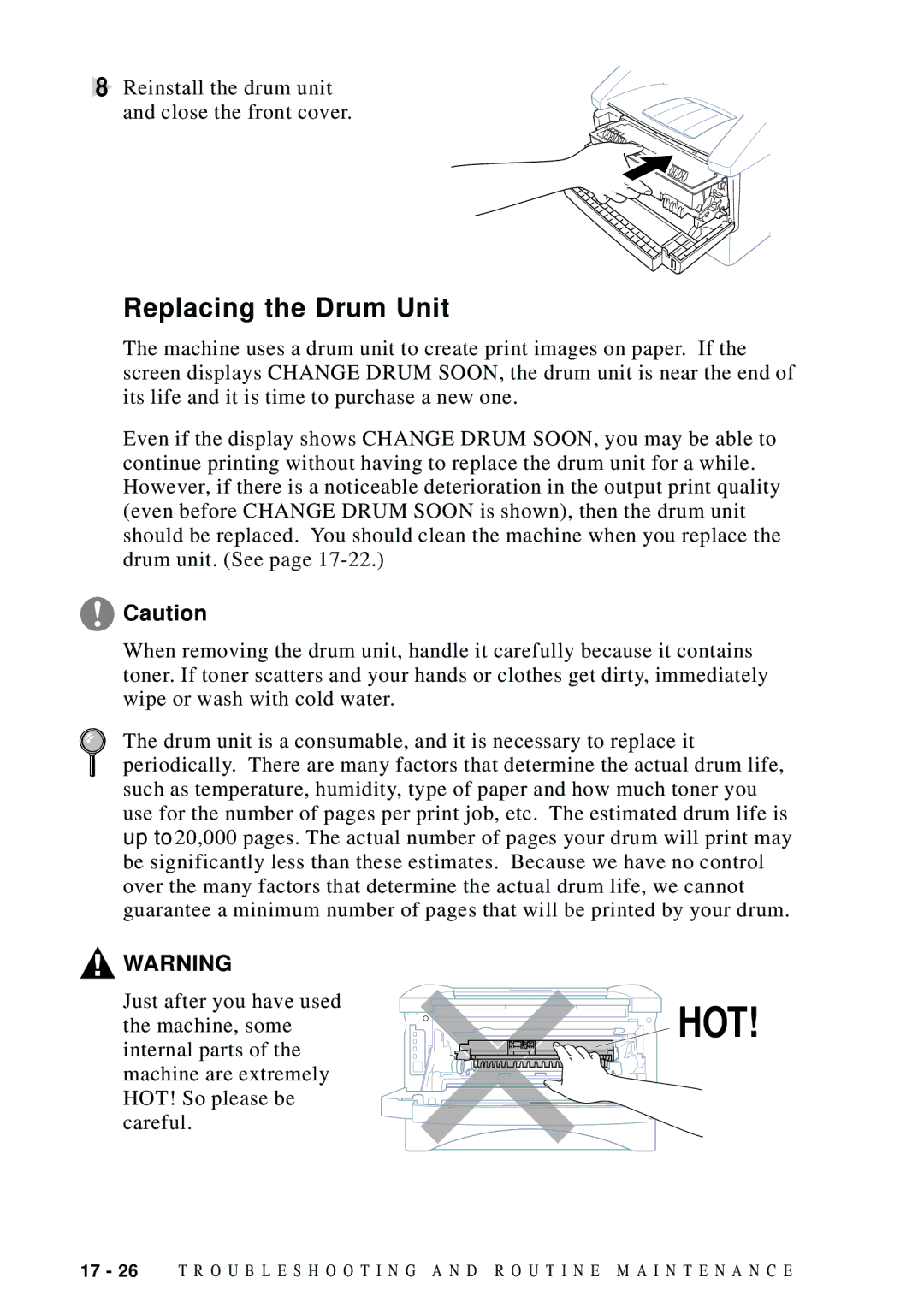 Brother MFC 8600, MFC 8700, FAX 5750, MFC 8300 manual Hot, Replacing the Drum Unit 