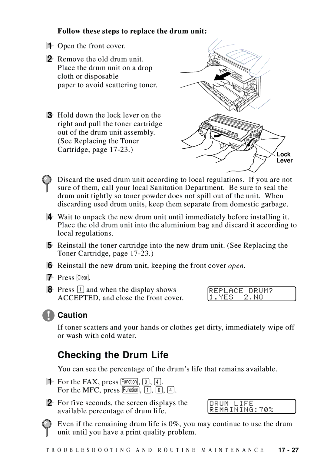 Brother MFC 8700, MFC 8600 Checking the Drum Life, Follow these steps to replace the drum unit, Replace DRUM? 1.YES 2.NO 