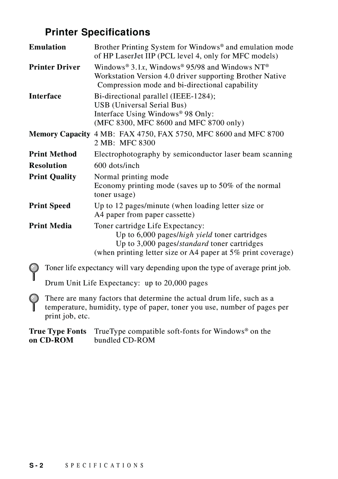 Brother FAX 5750, MFC 8600, MFC 8700, MFC 8300 manual Printer Specifications 