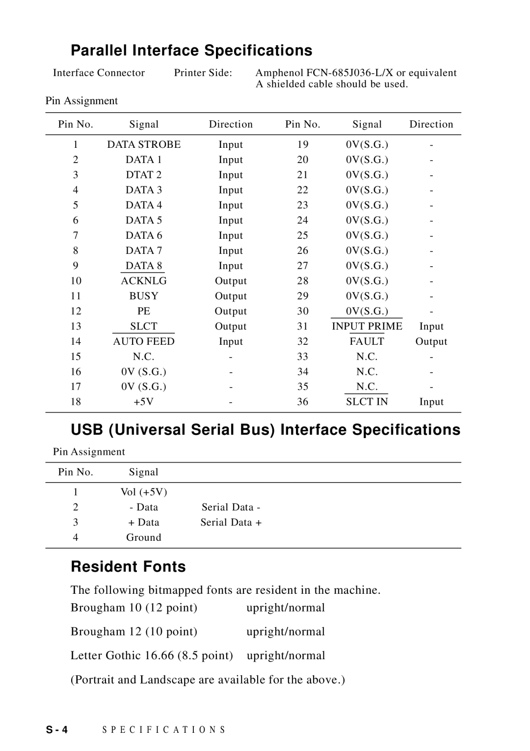 Brother MFC 8600 Parallel Interface Specifications, USB Universal Serial Bus Interface Specifications, Resident Fonts 