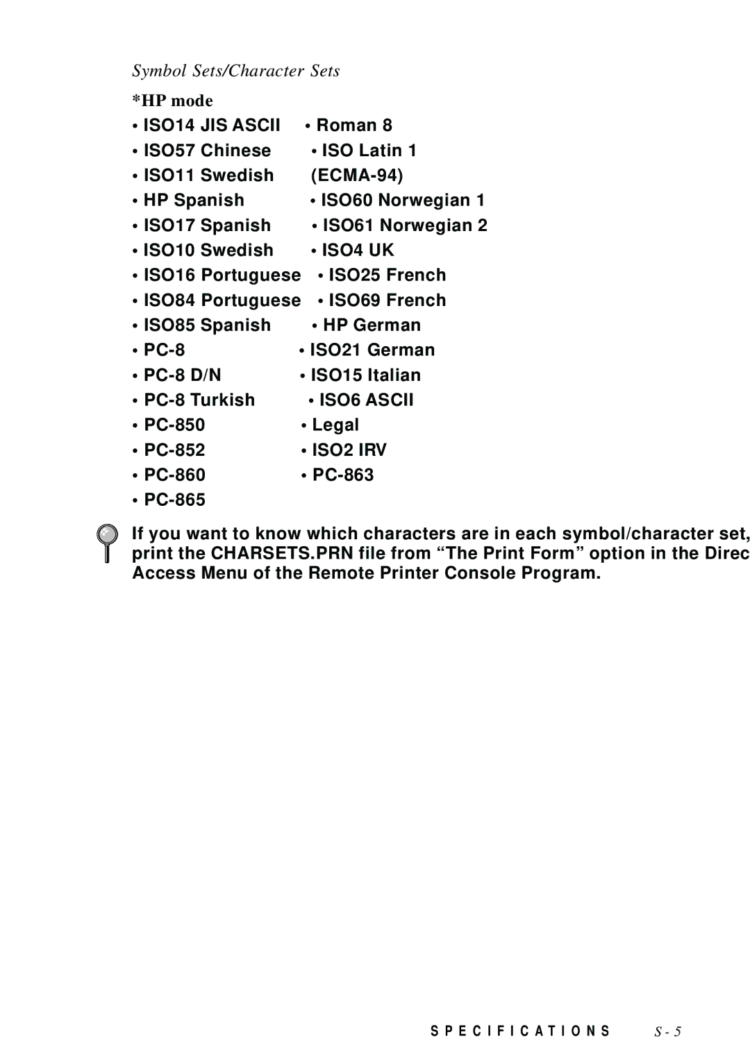 Brother MFC 8700, MFC 8600, FAX 5750, MFC 8300 manual Symbol Sets/Character Sets, HP mode 