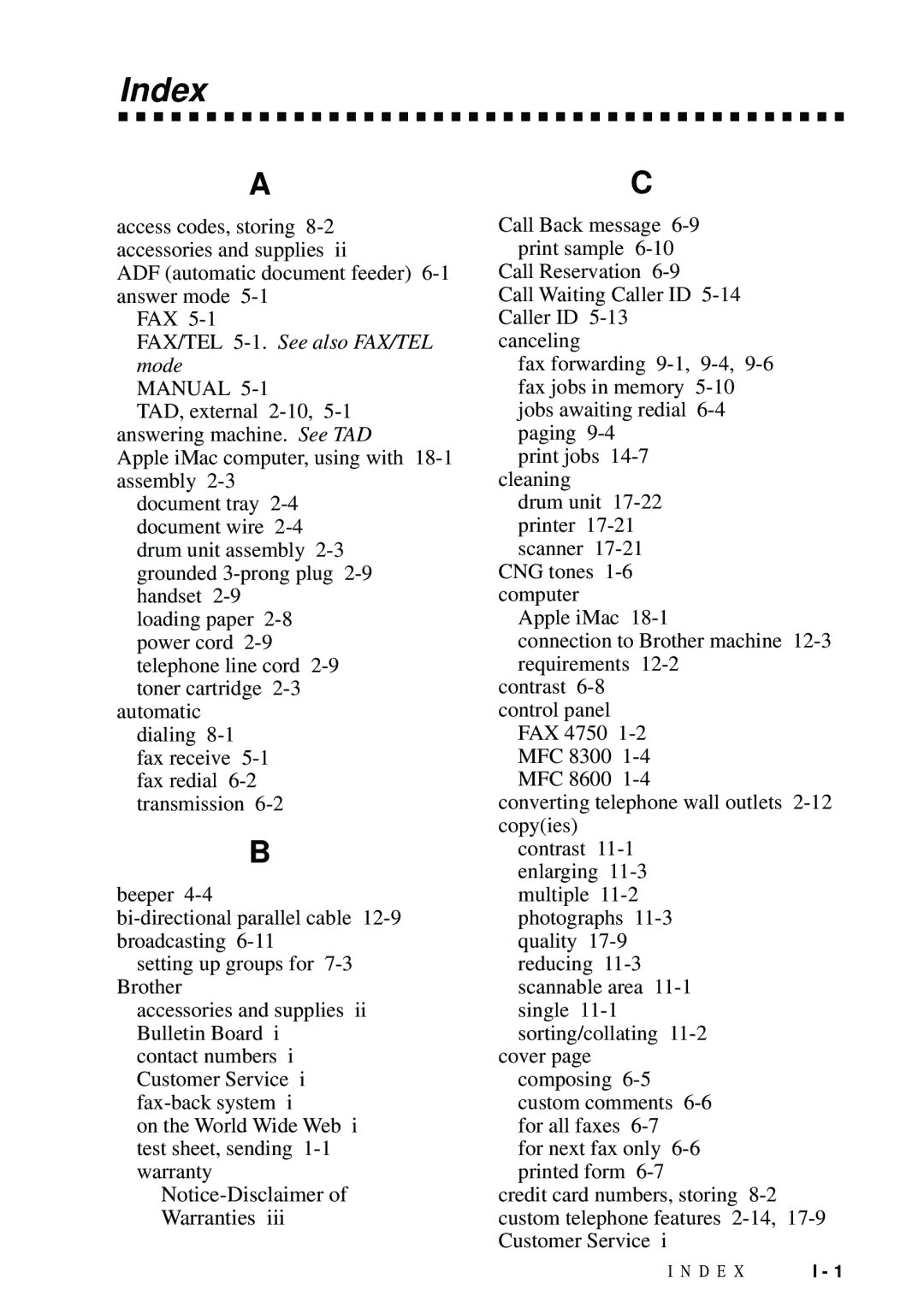 Brother MFC 8300, MFC 8600, MFC 8700, FAX 5750 manual Index, Manual 