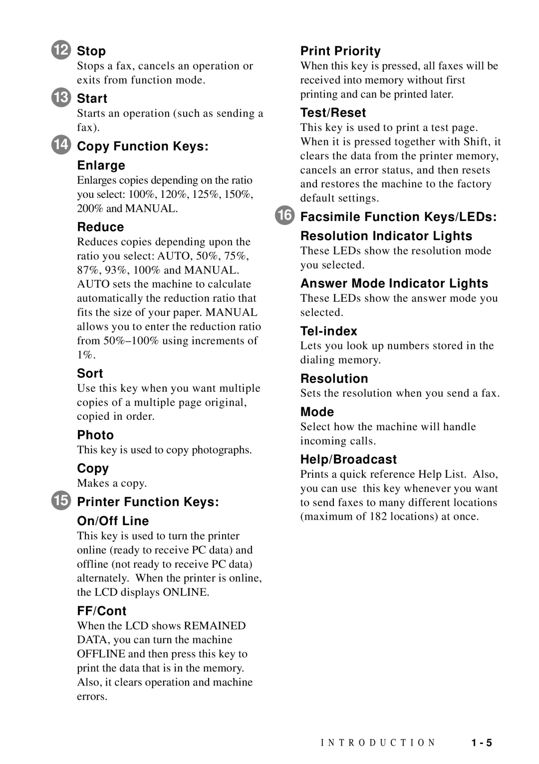 Brother MFC 8300, MFC 8600 manual Stop Print Priority, Test/Reset, Copy Function Keys, Facsimile Function Keys/LEDs, FF/Cont 