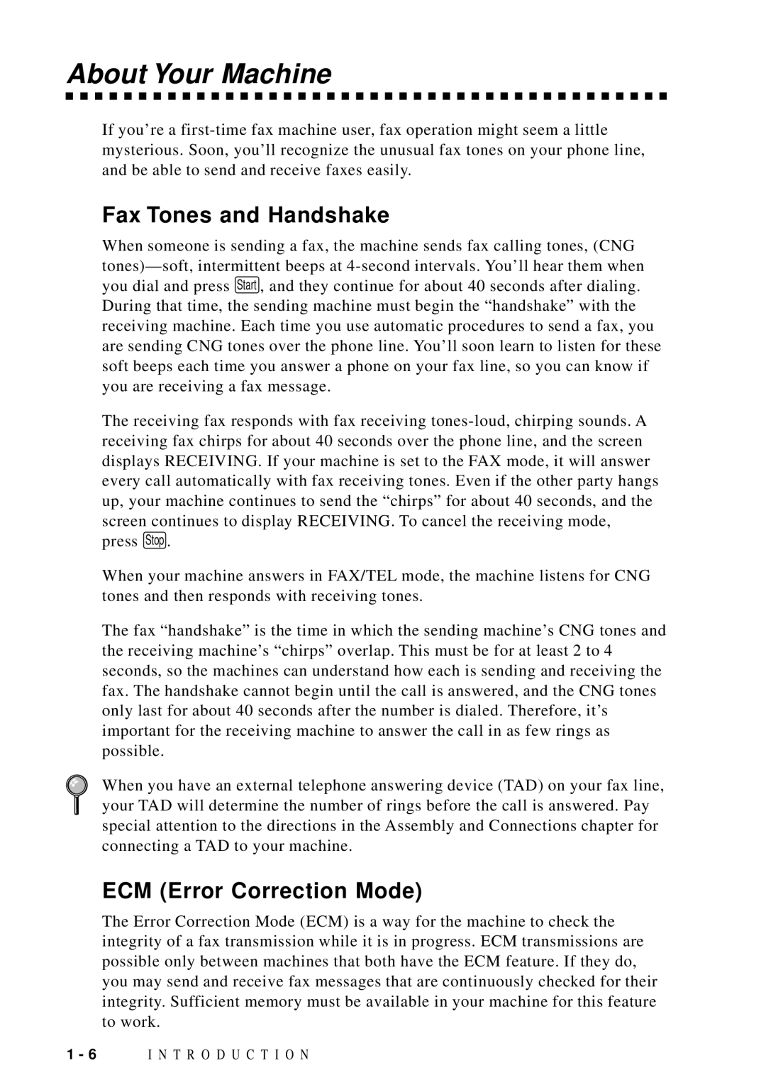 Brother MFC 8600, MFC 8700, FAX 5750, MFC 8300 manual About Your Machine, Fax Tones and Handshake, ECM Error Correction Mode 