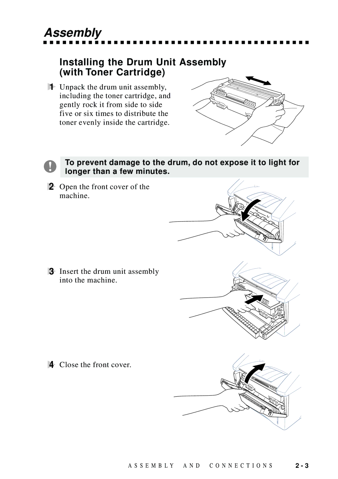 Brother MFC 8300, MFC 8600, MFC 8700, FAX 5750 manual Installing the Drum Unit Assembly With Toner Cartridge 