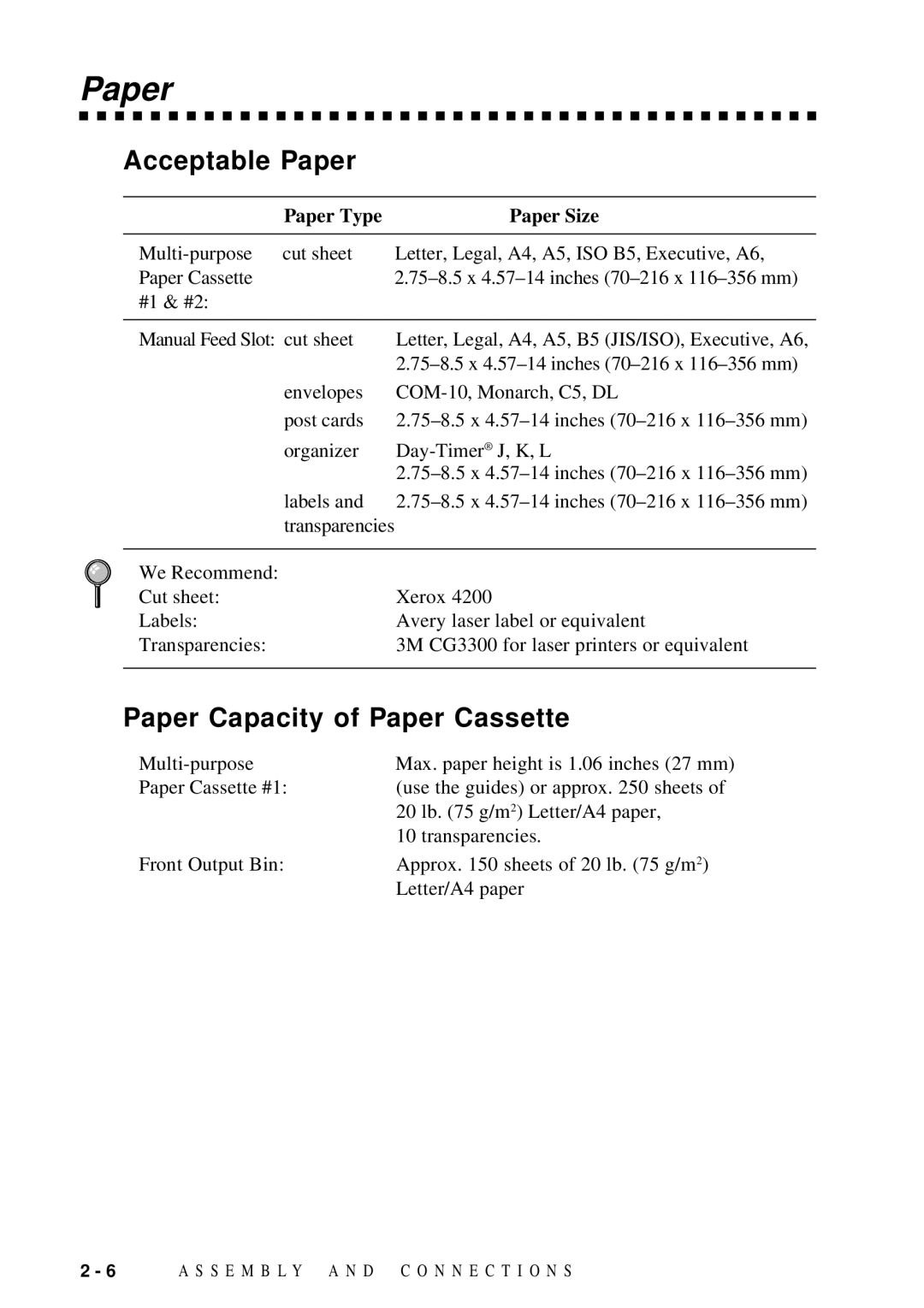 Brother FAX 5750, MFC 8600, MFC 8700, MFC 8300 manual Acceptable Paper, Paper Capacity of Paper Cassette 