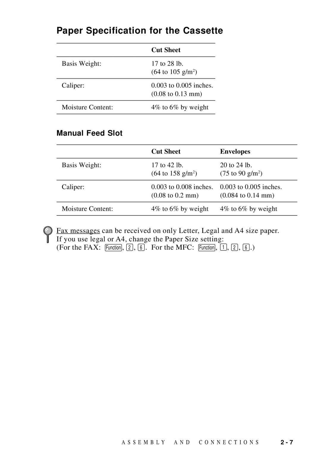 Brother MFC 8300, MFC 8600, MFC 8700, FAX 5750 manual Paper Specification for the Cassette, Manual Feed Slot 