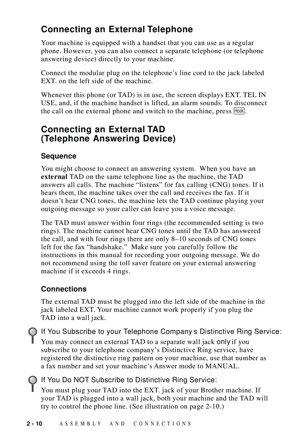 Brother FAX 5750 manual Connecting an External Telephone, Connecting an External TAD Telephone Answering Device, Sequence 