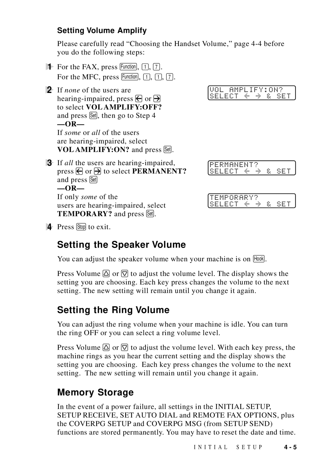 Brother MFC 8700, MFC 8600 Setting the Speaker Volume, Setting the Ring Volume, Memory Storage, Setting Volume Amplify 