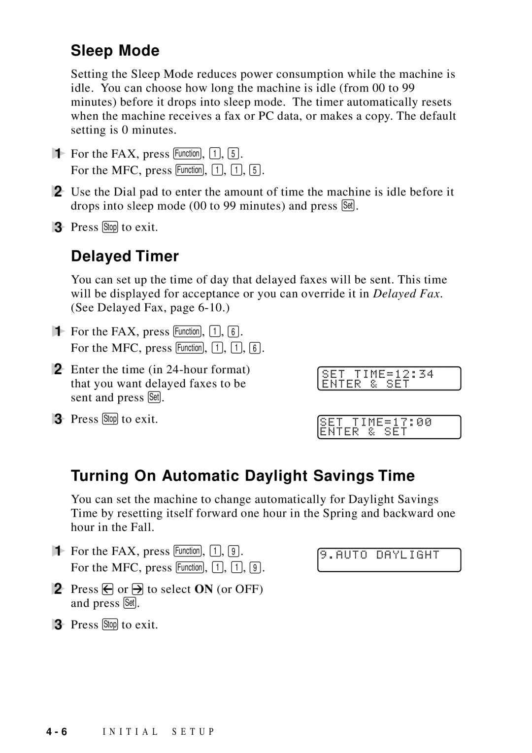 Brother FAX 5750, MFC 8600, MFC 8700 Sleep Mode, Delayed Timer, Turning On Automatic Daylight Savings Time, Auto Daylight 