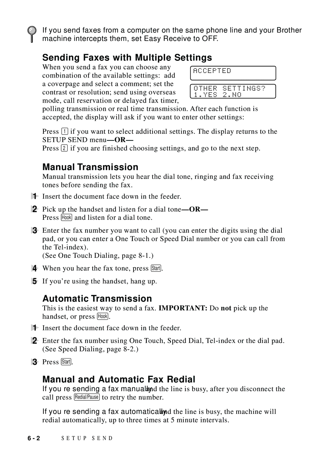 Brother FAX 5750, MFC 8600, MFC 8700 manual Sending Faxes with Multiple Settings, Manual Transmission, Automatic Transmission 