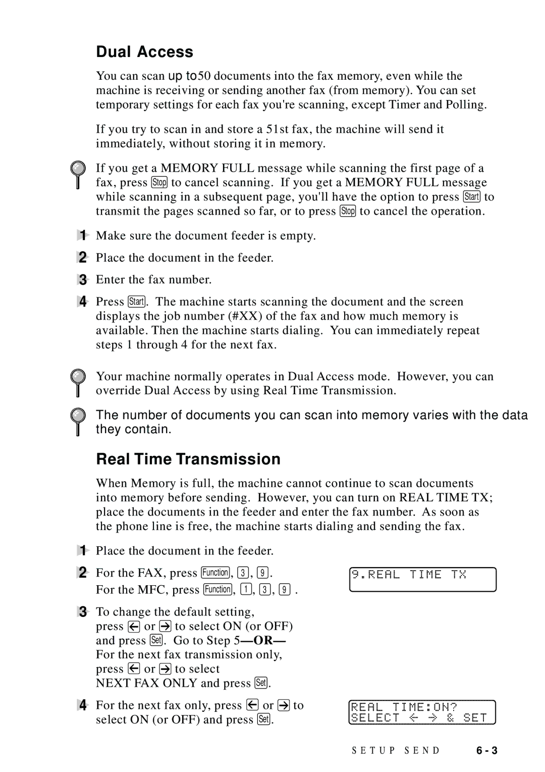 Brother MFC 8300, MFC 8600, MFC 8700, FAX 5750 manual Dual Access, Real Time Transmission, Real Time TX, Real TIMEON? 