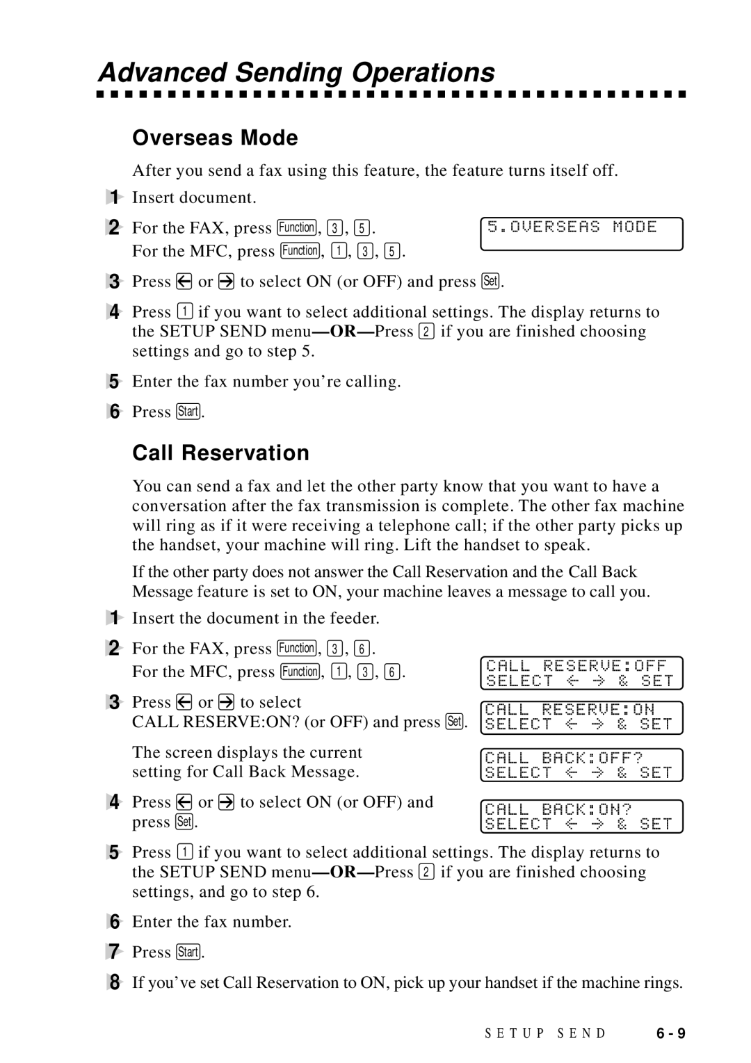 Brother MFC 8700, MFC 8600, FAX 5750, MFC 8300 manual Advanced Sending Operations, Overseas Mode, Call Reservation 