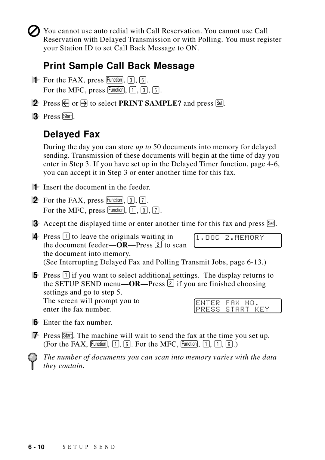 Brother FAX 5750, MFC 8600, MFC 8700, MFC 8300 manual Print Sample Call Back Message, Delayed Fax 