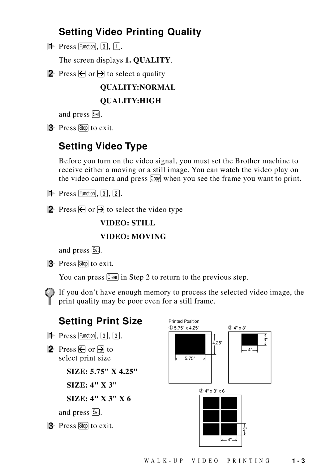 Brother MFC 8700, MFC 8600 software manual Setting Video Printing Quality, Setting Video Type, Setting Print Size 