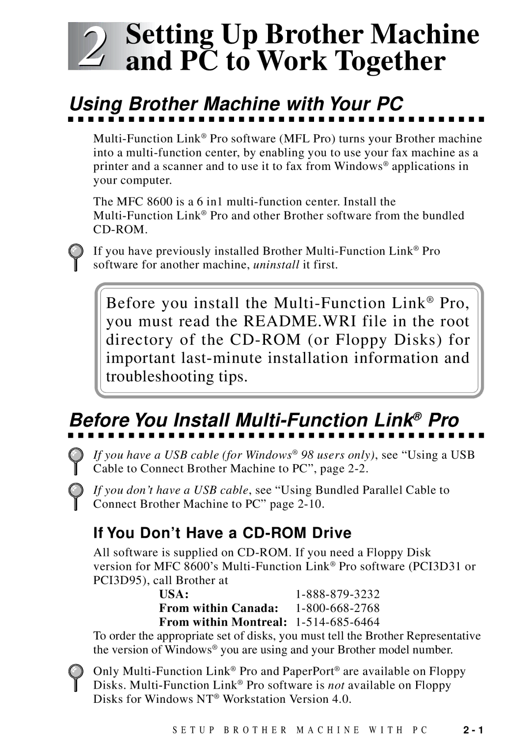 Brother MFC 8700, MFC 8600 software manual Using Brother Machine with Your PC, Before You Install Multi-Function Link Pro 