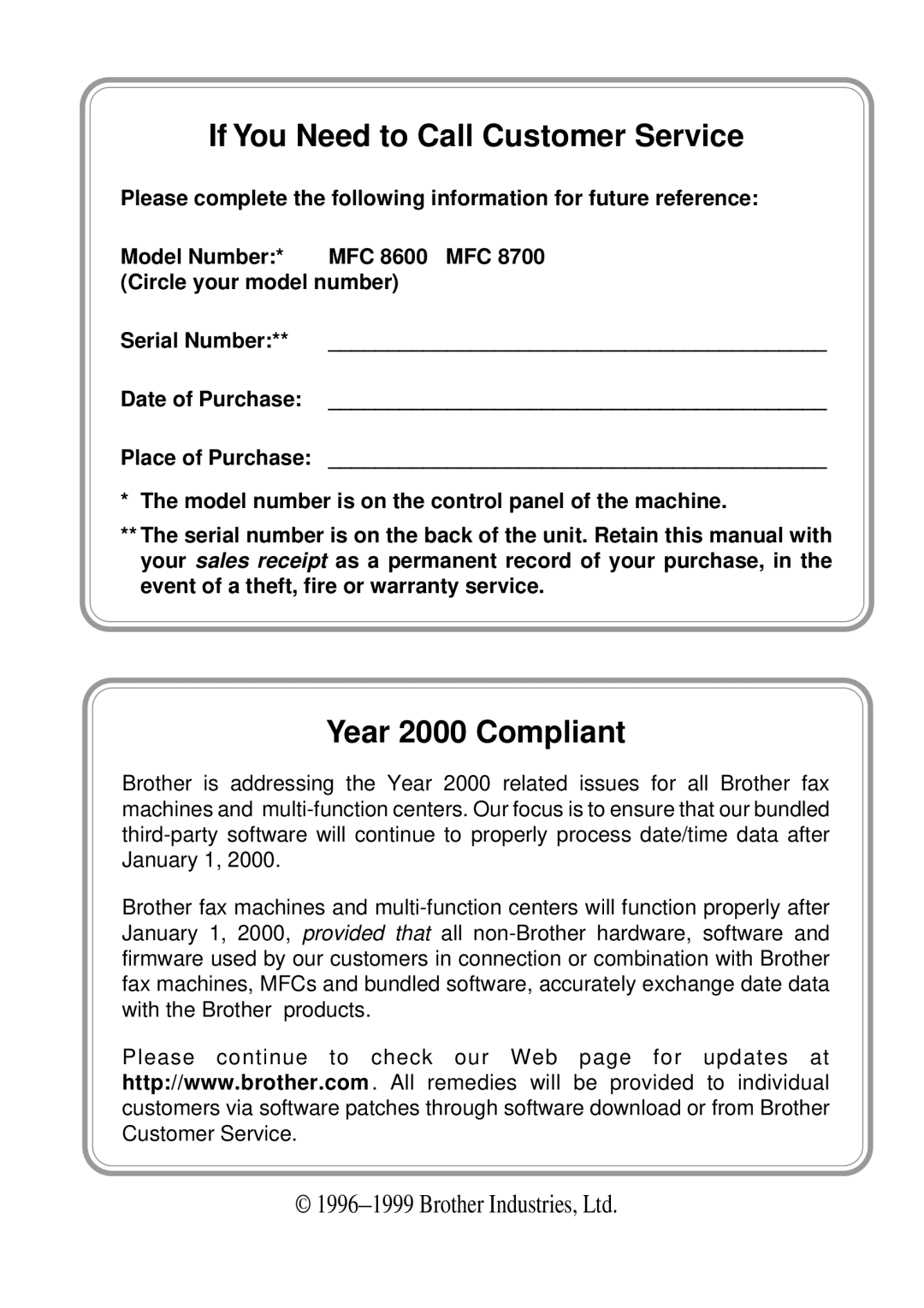 Brother MFC 8600, MFC 8700 software manual If You Need to Call Customer Service 