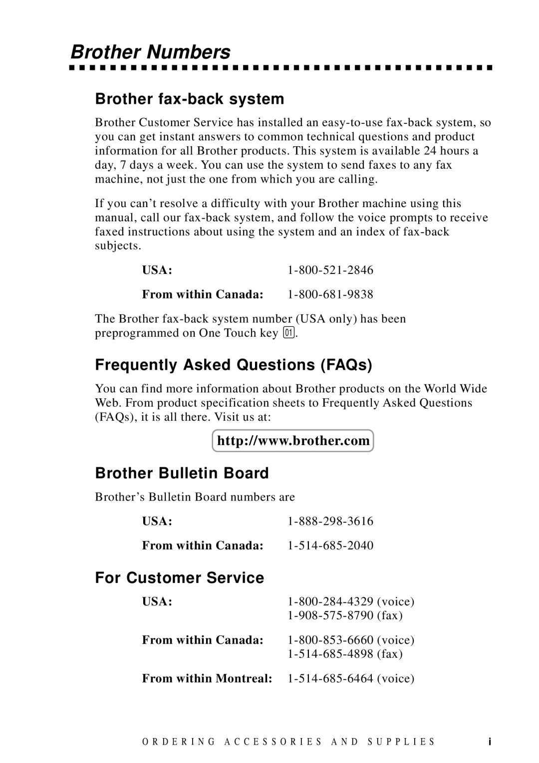 Brother MFC 8700 Brother Numbers, Brother fax-back system, Frequently Asked Questions FAQs, Brother Bulletin Board 