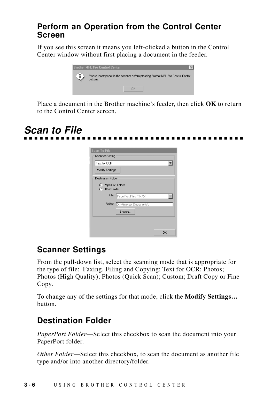 Brother MFC 8600 Scan to File, Perform an Operation from the Control Center Screen, Scanner Settings, Destination Folder 