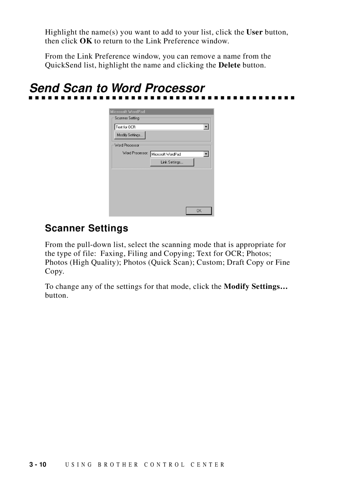 Brother MFC 8600, MFC 8700 software manual Send Scan to Word Processor 