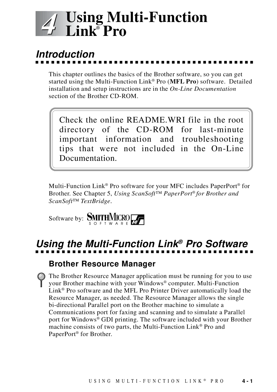 Brother MFC 8700, MFC 8600 software manual Using the Multi-Function Link Pro Software, Brother Resource Manager 