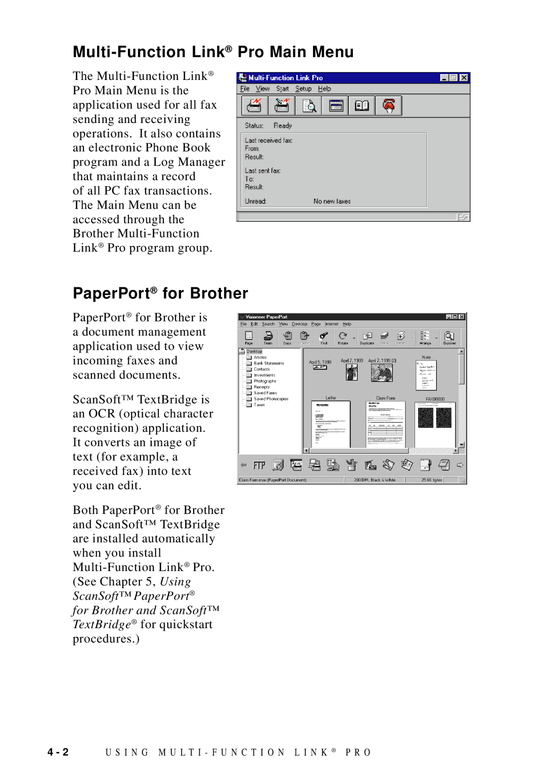 Brother MFC 8600, MFC 8700 software manual Multi-Function Link Pro Main Menu, PaperPort for Brother 