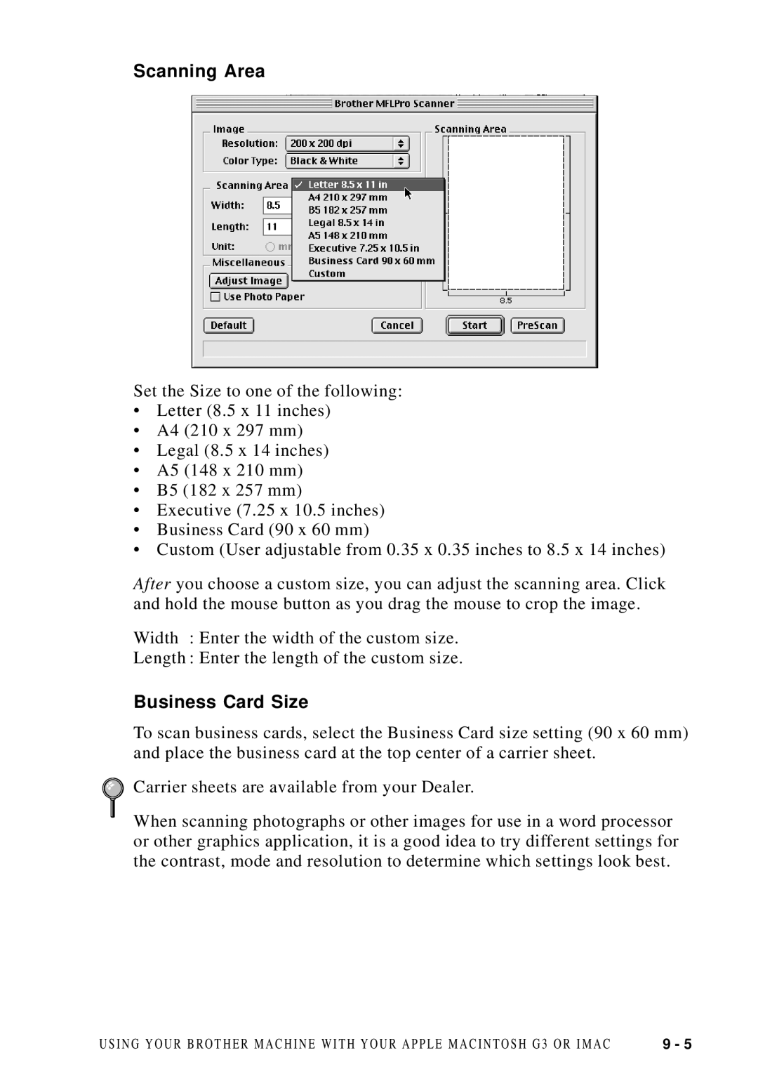 Brother MFC 8700, MFC 8600 software manual Scanning Area, Business Card Size 