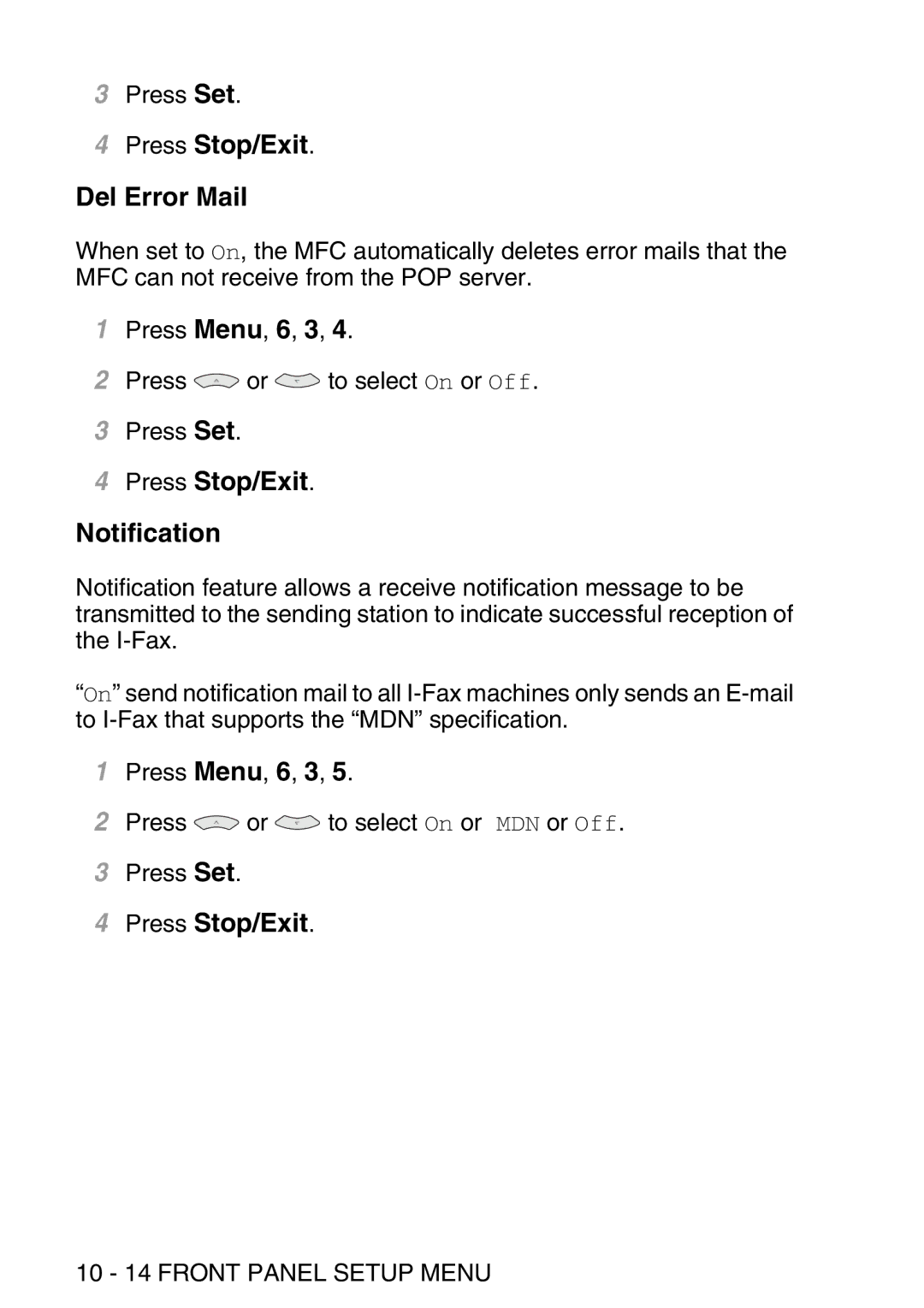 Brother MFC-8840DN manual Press Stop/Exit Del Error Mail, Press Stop/Exit Notification, 10 14 Front Panel Setup Menu 