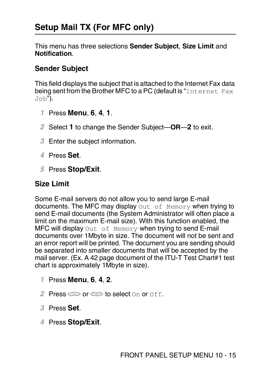 Brother MFC-8840DN manual Setup Mail TX For MFC only, Sender Subject, Press Stop/Exit Size Limit 