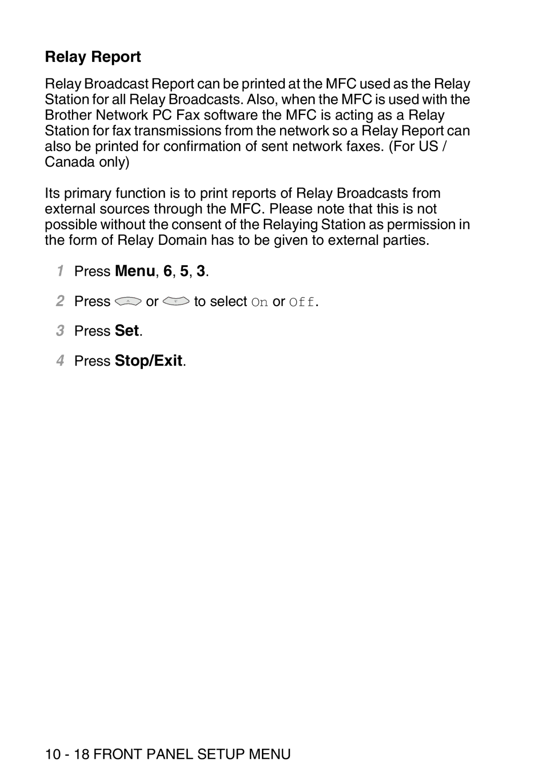 Brother MFC-8840DN manual Relay Report, 10 18 Front Panel Setup Menu 