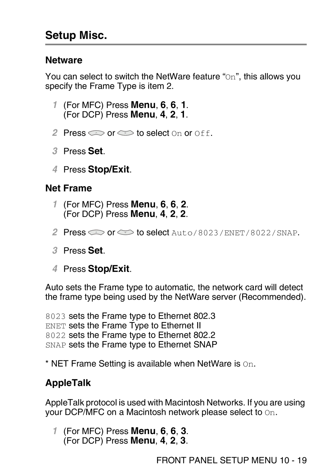 Brother MFC-8840DN manual Setup Misc, Netware, Press Stop/Exit Net Frame, AppleTalk 