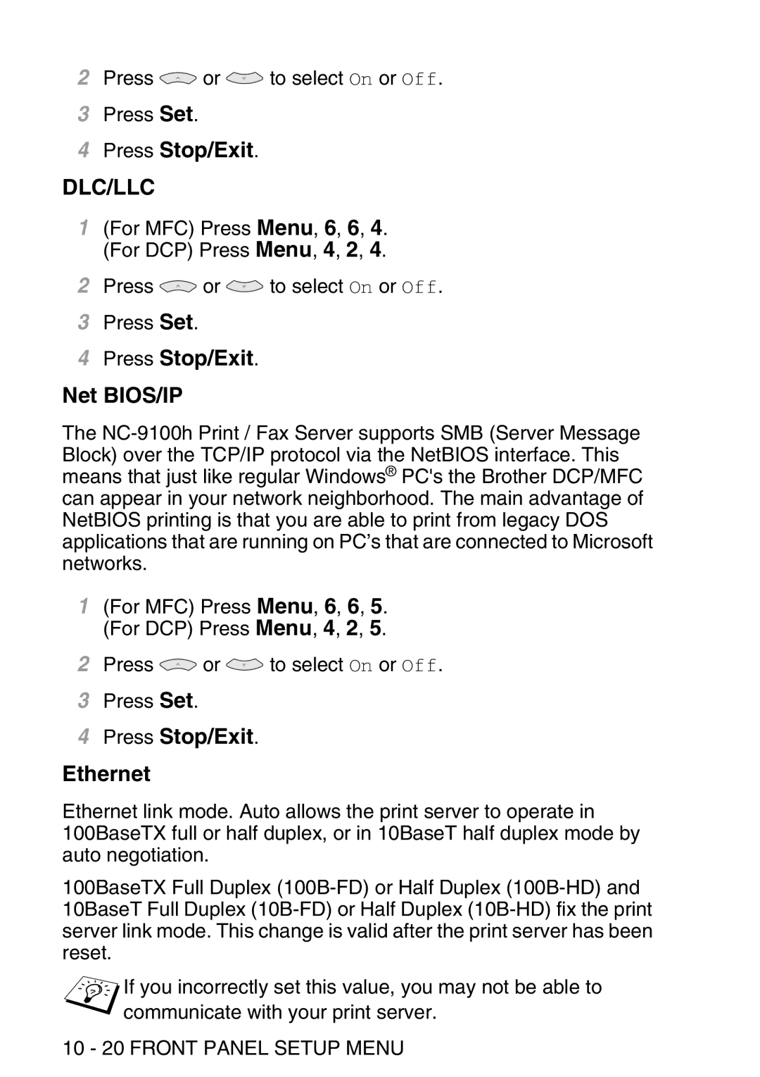 Brother MFC-8840DN manual Press Stop/Exit Net BIOS/IP, Press Stop/Exit Ethernet, 10 20 Front Panel Setup Menu 