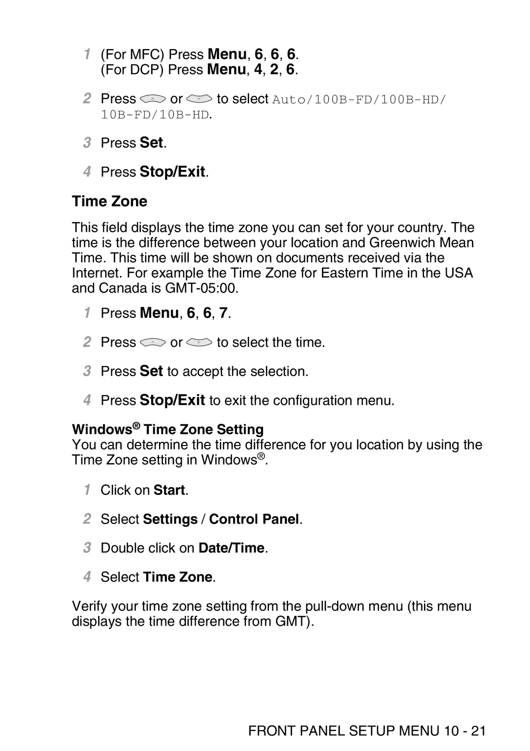 Brother MFC-8840D Press Stop/Exit Time Zone, Windows Time Zone Setting, Select Settings / Control Panel, Select Time Zone 