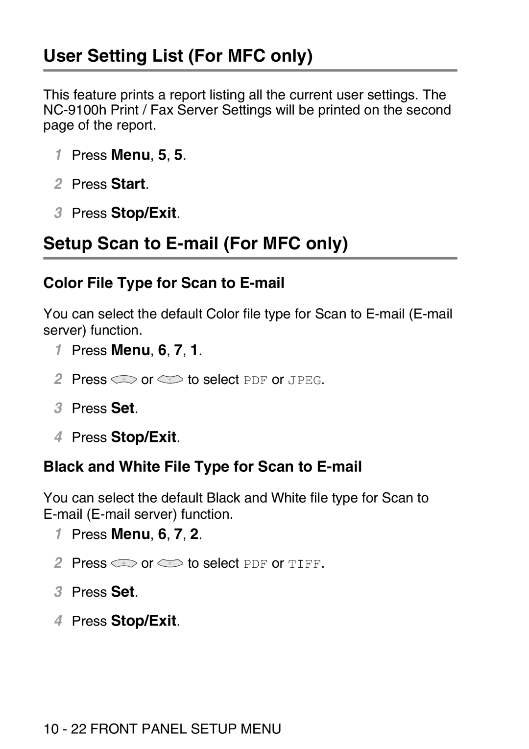 Brother MFC-8840DN User Setting List For MFC only, Setup Scan to E-mail For MFC only, Color File Type for Scan to E-mail 