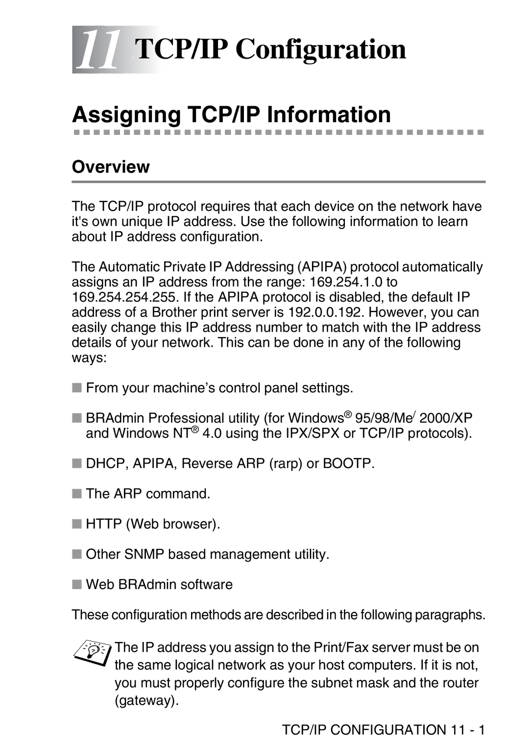 Brother MFC-8840DN manual 11 11TCP/IP Configuration, Assigning TCP/IP Information, TCP/IP Configuration 11 