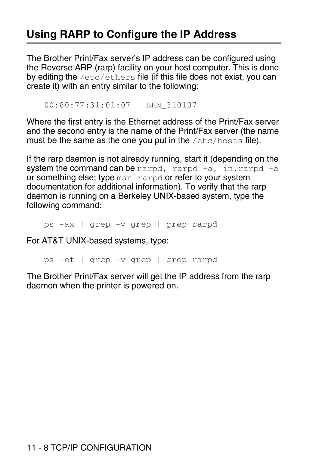 Brother MFC-8840DN manual Using Rarp to Configure the IP Address, 11 8 TCP/IP Configuration 