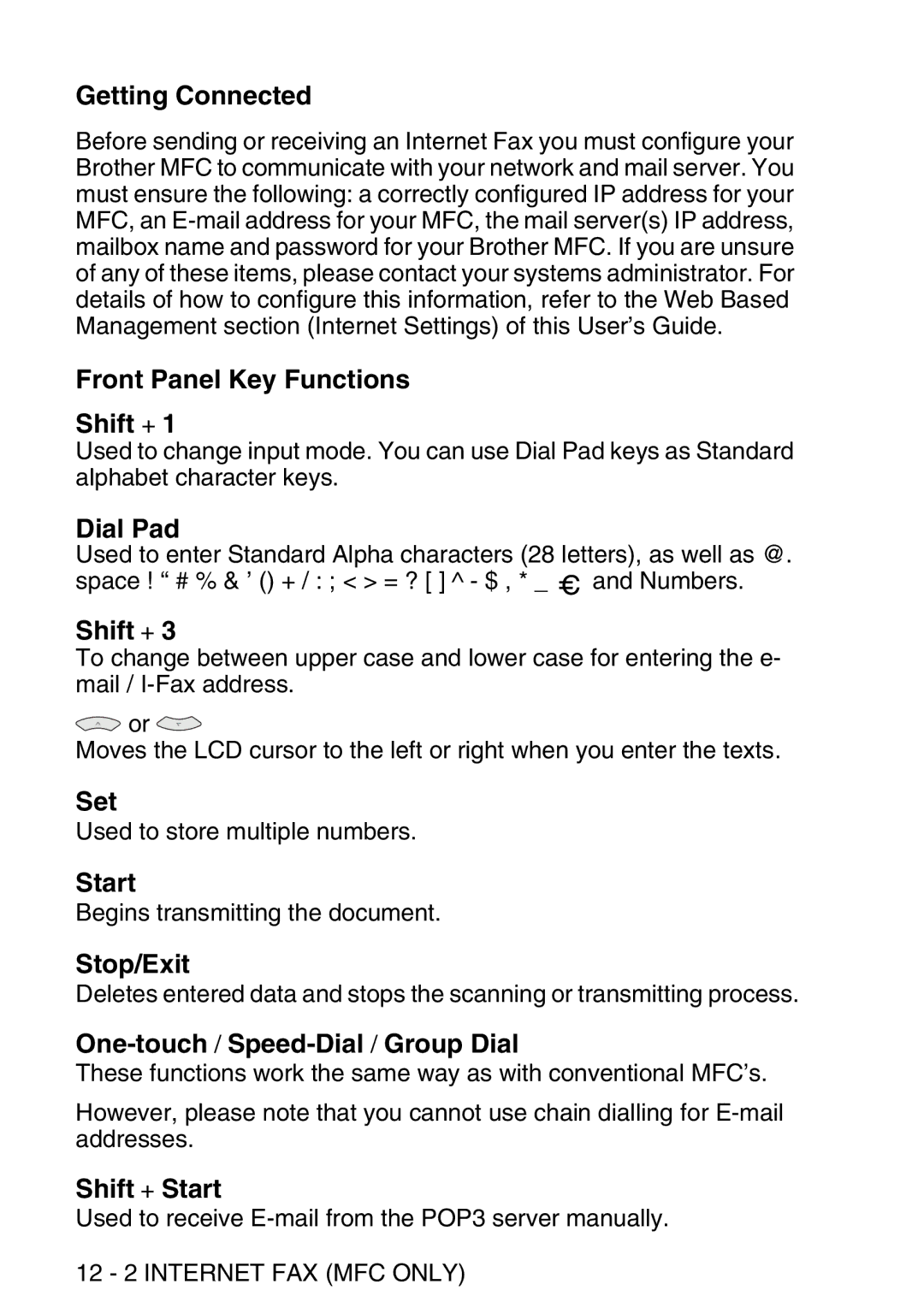 Brother MFC-8840DN manual Getting Connected, Front Panel Key Functions Shift +, Dial Pad, Set, Stop/Exit, Shift + Start 