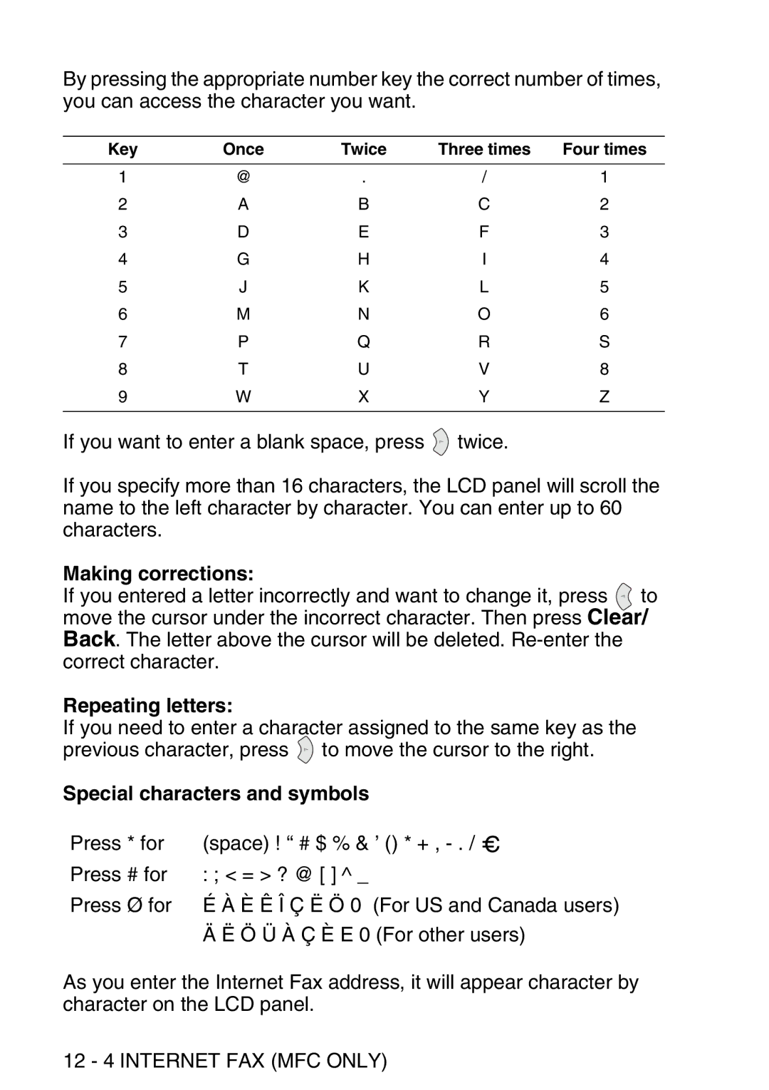 Brother MFC-8840DN manual Special characters and symbols, 12 4 Internet FAX MFC only 