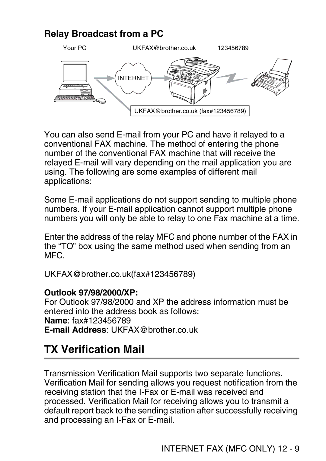 Brother MFC-8840DN manual TX Verification Mail, Relay Broadcast from a PC, Outlook 97/98/2000/XP 