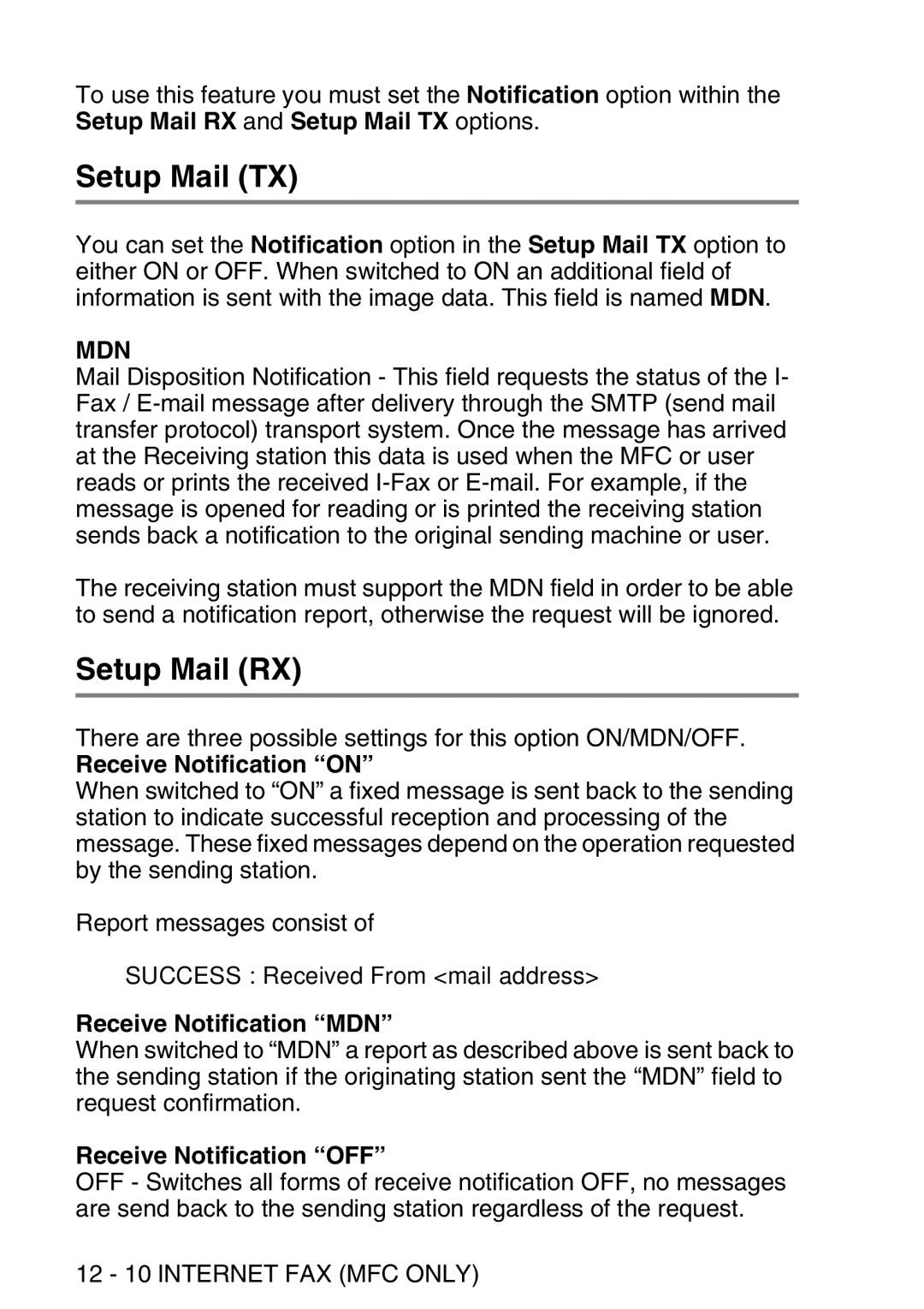 Brother MFC-8840DN manual Setup Mail TX, Setup Mail RX, Receive Notification on, Receive Notification MDN 