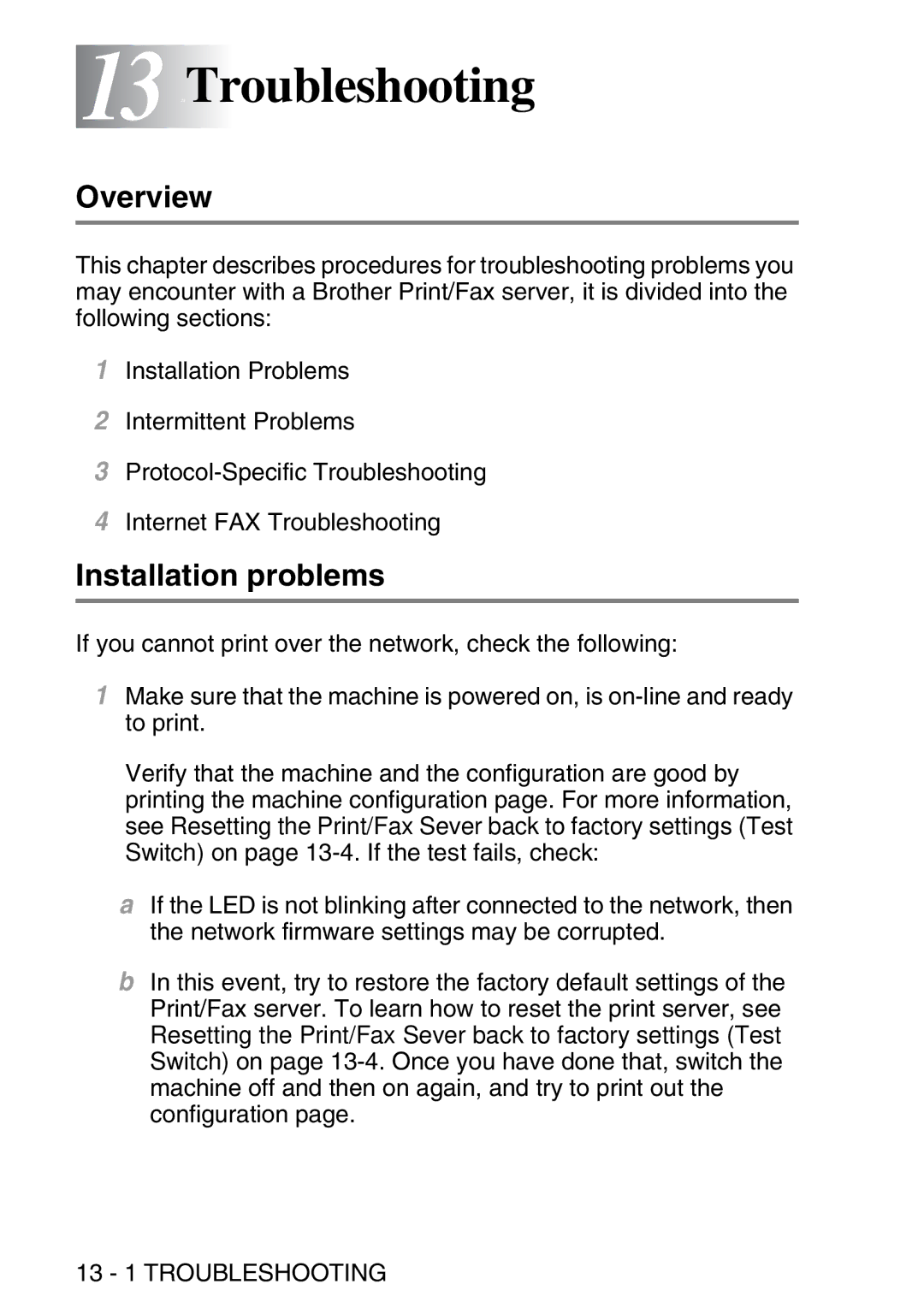 Brother MFC-8840DN manual 13 13Troubleshooting, Installation problems, 13 1 Troubleshooting 