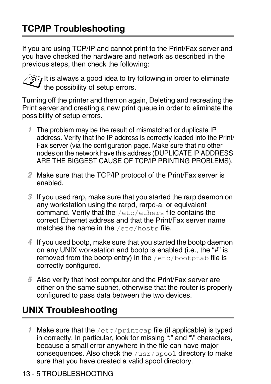 Brother MFC-8840DN manual TCP/IP Troubleshooting, Unix Troubleshooting, 13 5 Troubleshooting 